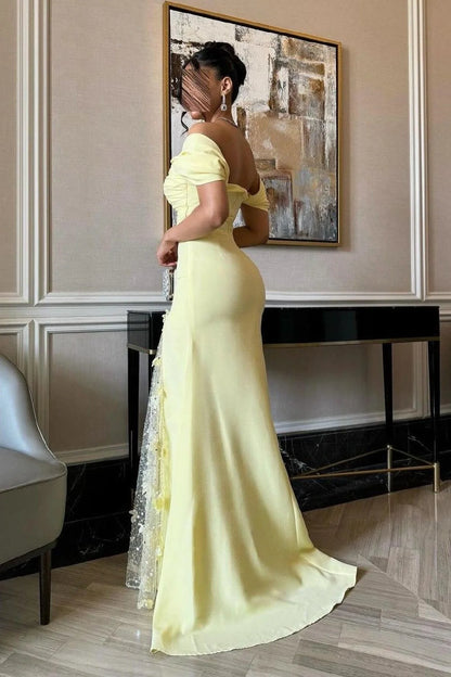 Elegant Mermaid Off Shoulder Short Sleeve Floral Yellow Prom Dress