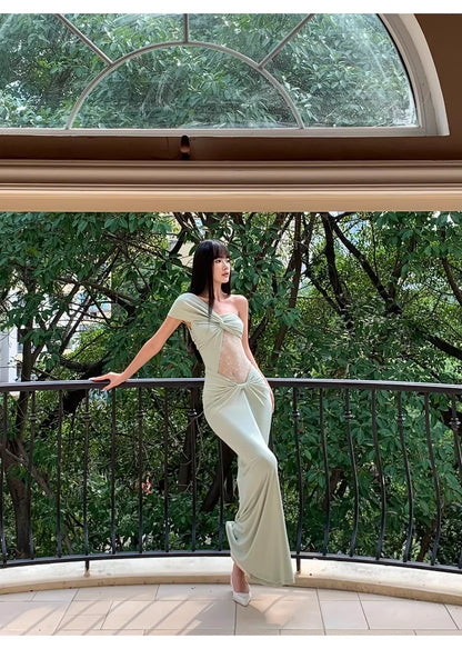 Elegant Mermaid One-Shoulder Lace-Insert Mint Green Satin Long Evening Dresses