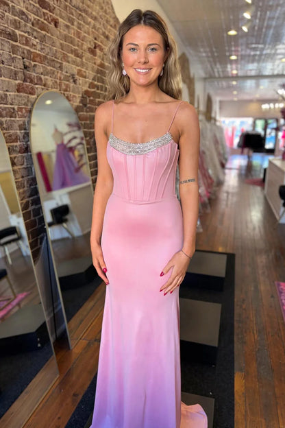 Elegant Mermaid Spaghetti Strap Beaded Pink Floor-Length Prom Dress