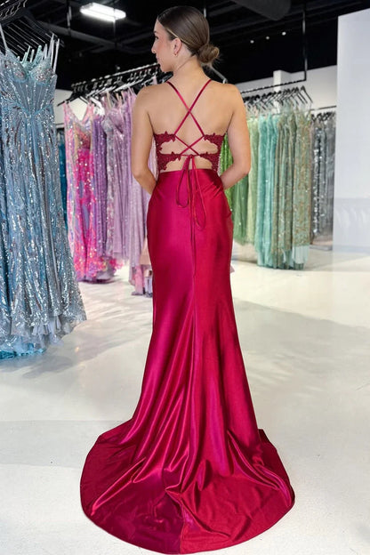 Elegant Mermaid Spaghetti Strap Lace Burgundy Prom Dress