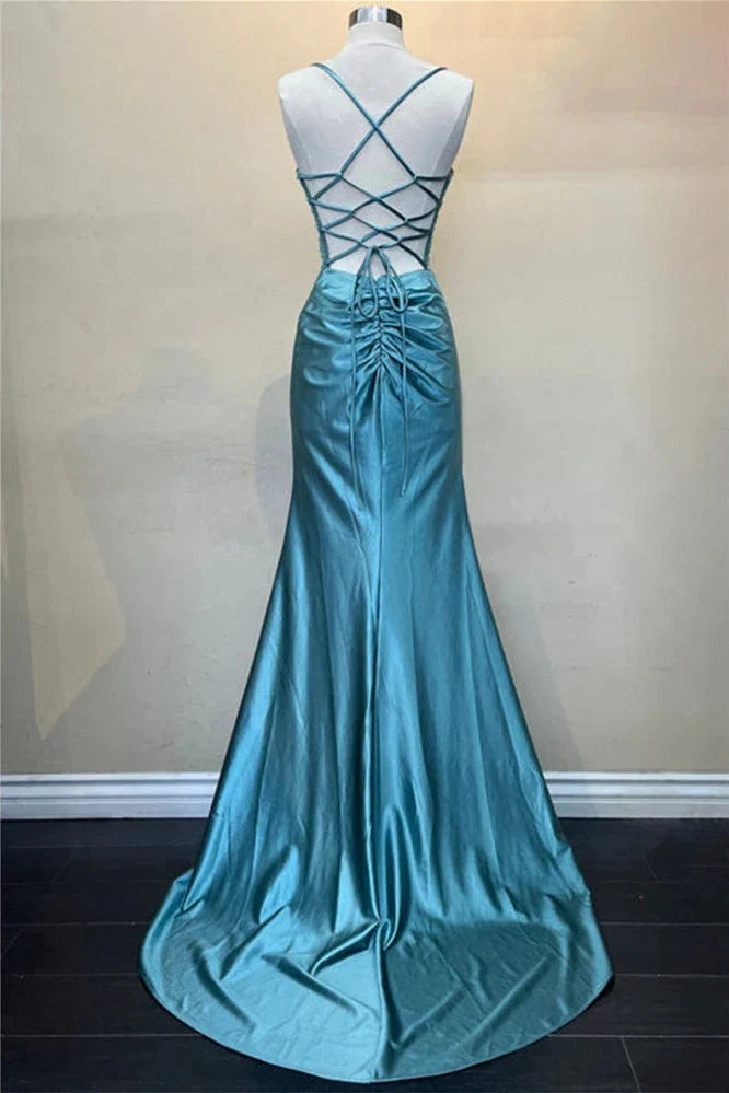 Elegant Mermaid Spaghetti Strap Sequin Teal Floor-Length Prom Dress