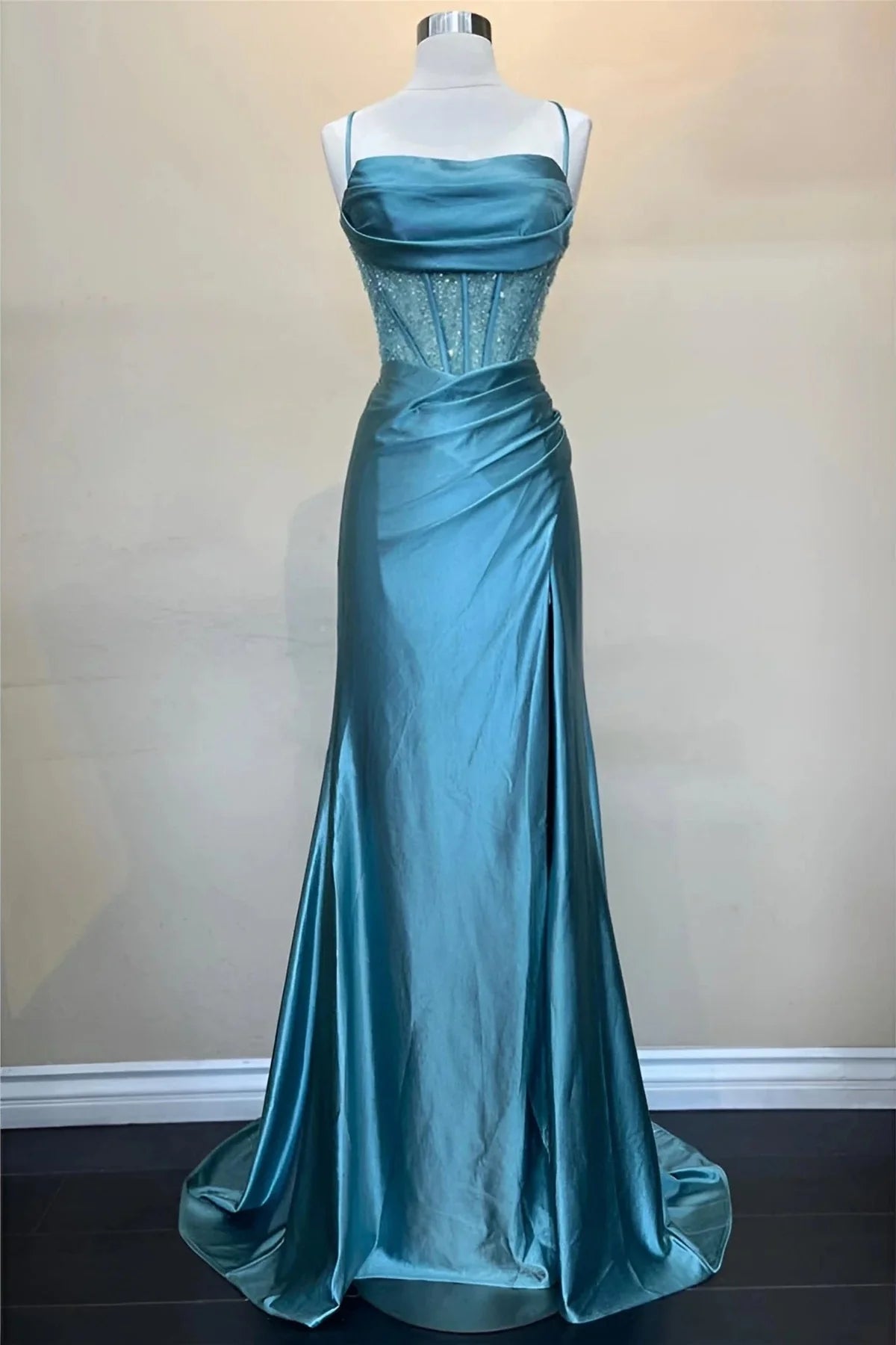 Elegant Mermaid Spaghetti Strap Sequin Teal Floor-Length Prom Dress