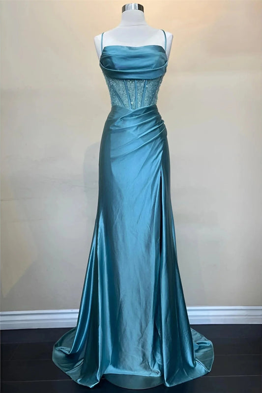 Elegant Mermaid Spaghetti Strap Sequin Teal Floor-Length Prom Dress