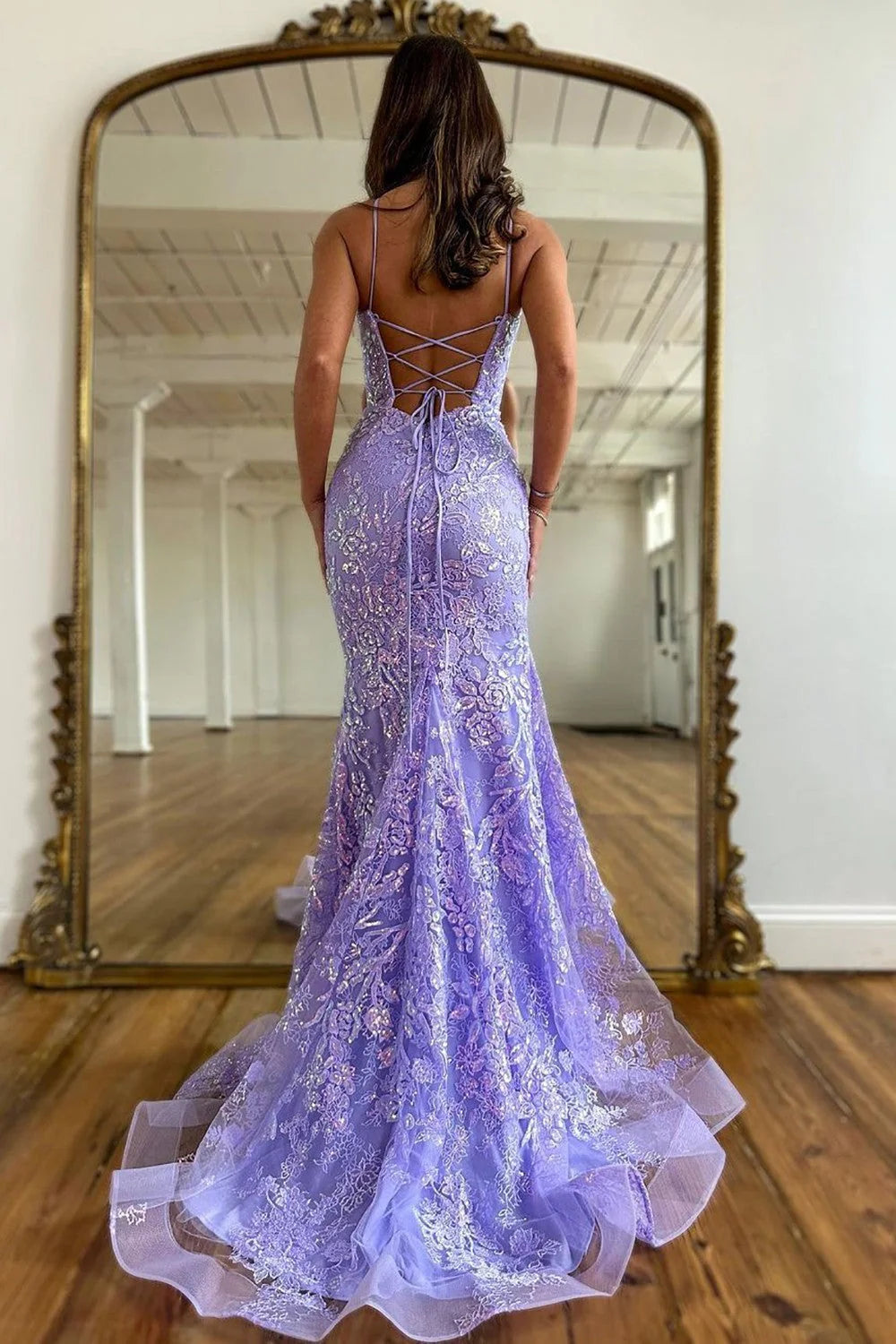 Elegant Mermaid Square Neck Sleeveless Lace Lavender Evening Dress