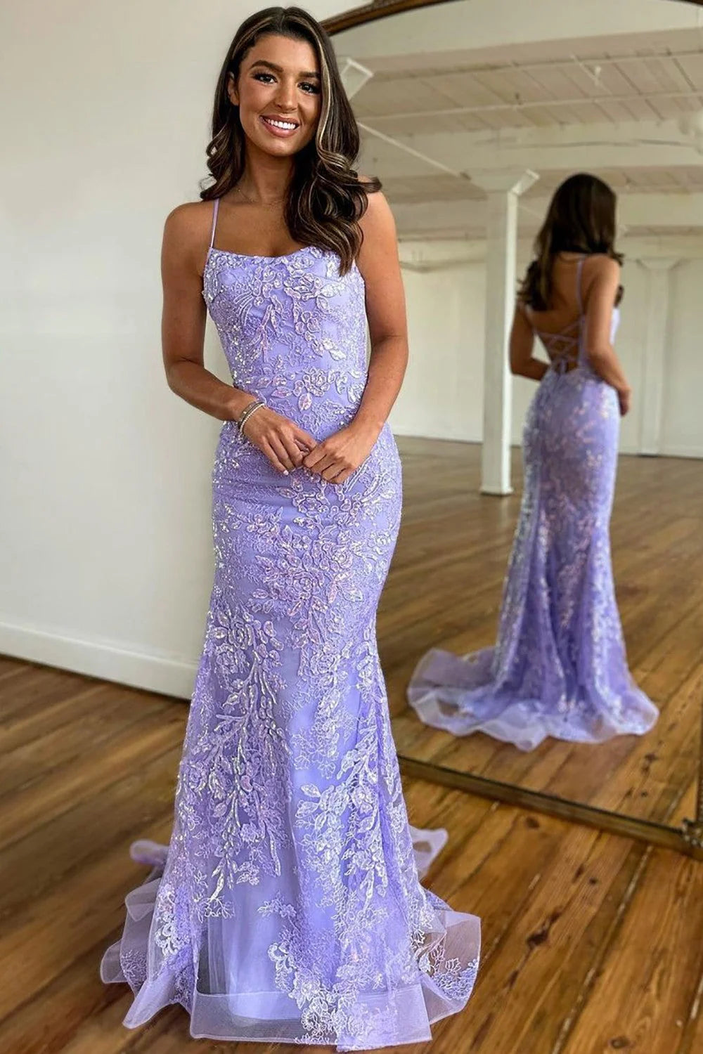 Elegant Mermaid Square Neck Sleeveless Lace Lavender Evening Dress