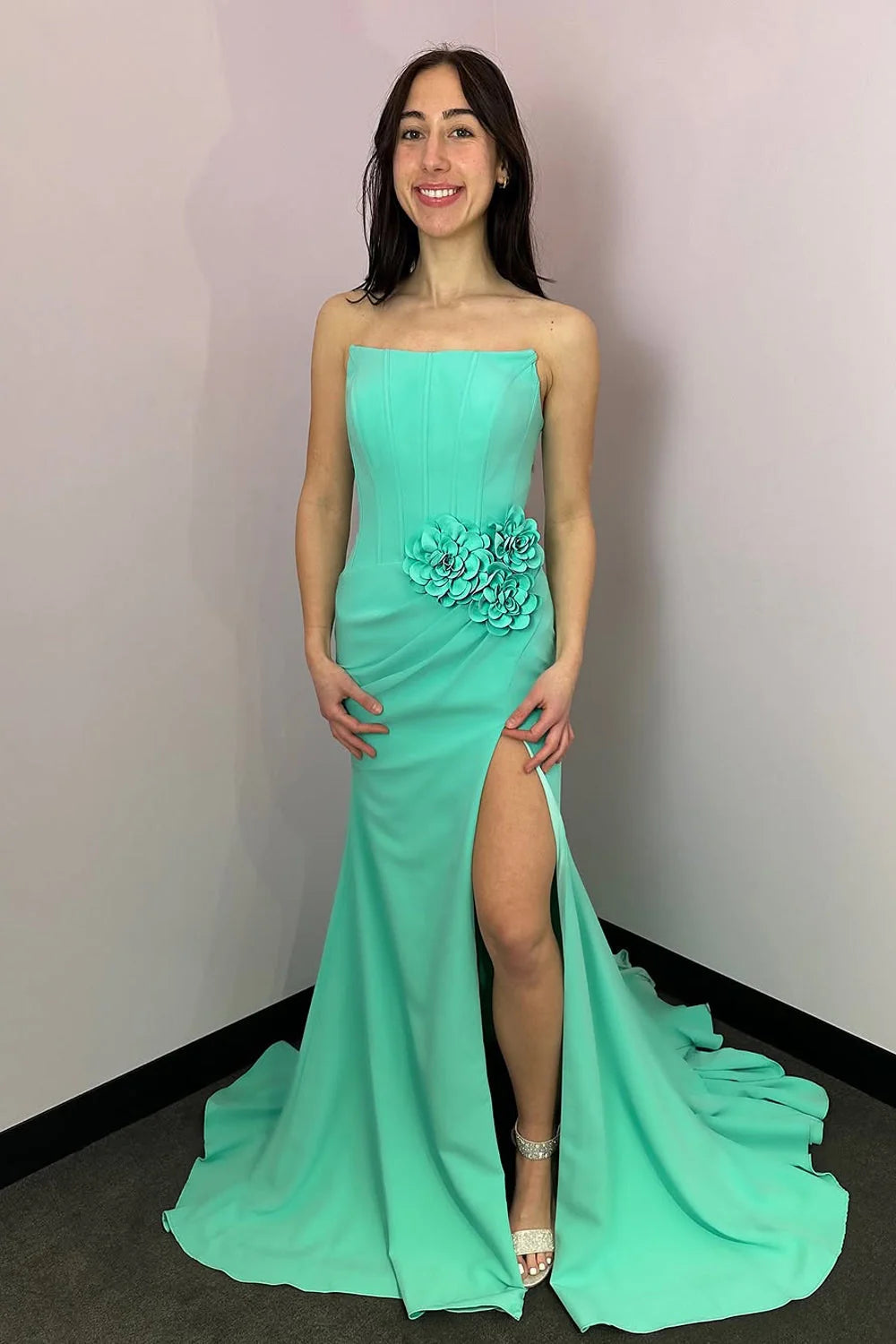 Elegant Mermaid Strapless 3D Flower Mint Floor-Length Prom Dress