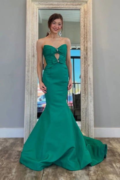 Elegant Mermaid Strapless Bow Emerald Green Floor-Length Prom Dress