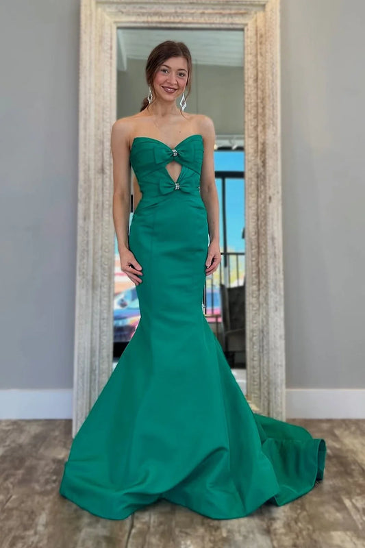Elegant Mermaid Strapless Bow Emerald Green Floor-Length Prom Dress