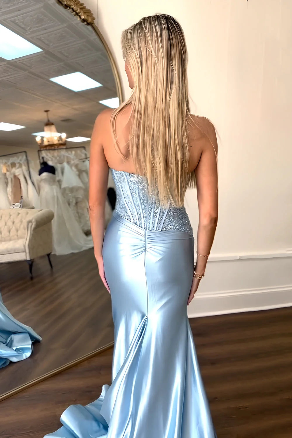 Elegant Mermaid Strapless Sequin Light Blue Floor-Length Prom Dress