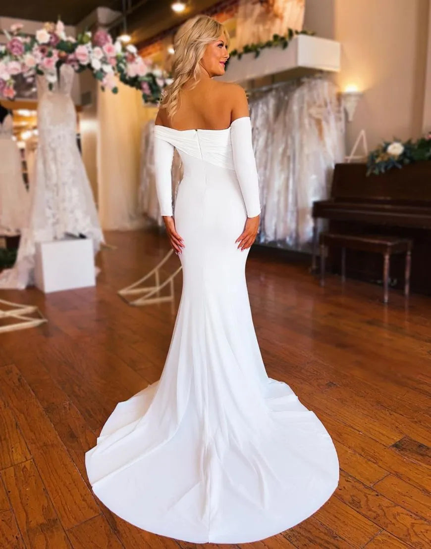 AerbaDress Wedding Dress Mermaid Stretch Satin Off The Shoulder Sleeves