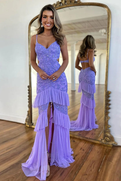Elegant Mermaid Sweetheart Sleeveless Ruffled Lavender Prom Dress