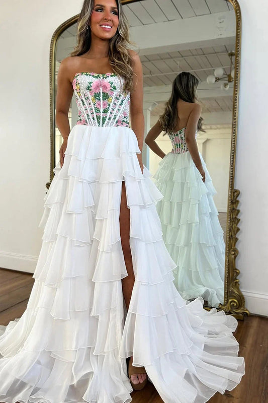 Elegant Mermaid Sweetheart Strapless Floral White Floor-Length Prom Dress