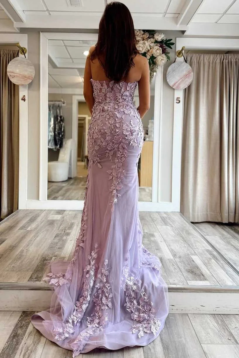 Elegant Mermaid Sweetheart Strapless Lace Lavender Evening Dress