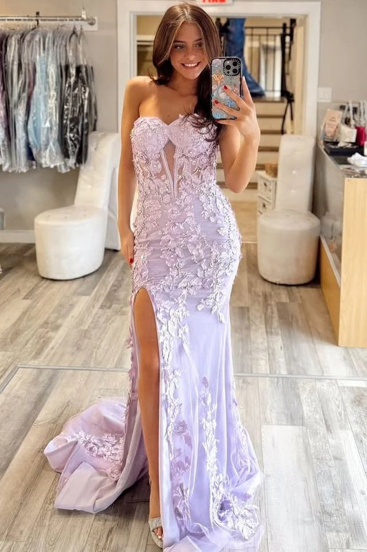 Elegant Mermaid Sweetheart Strapless Lace Lavender Evening Dress