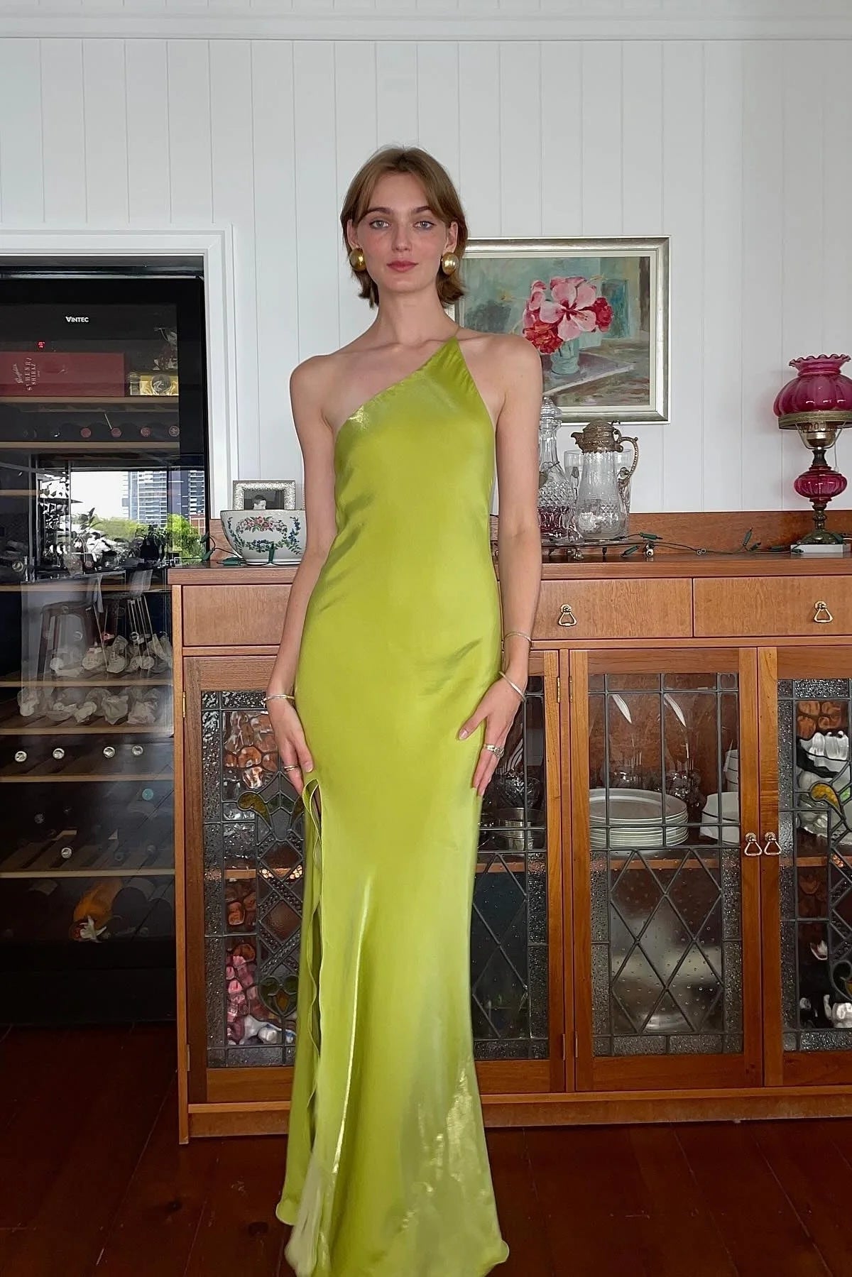 Elegant Sheath One-Shoulder Tie Lime Floor-Length Prom Dress