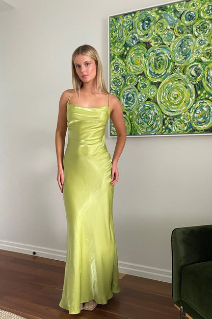 Elegant Sheath Spaghetti Strap Cowl Lime Floor-Length Prom Dress
