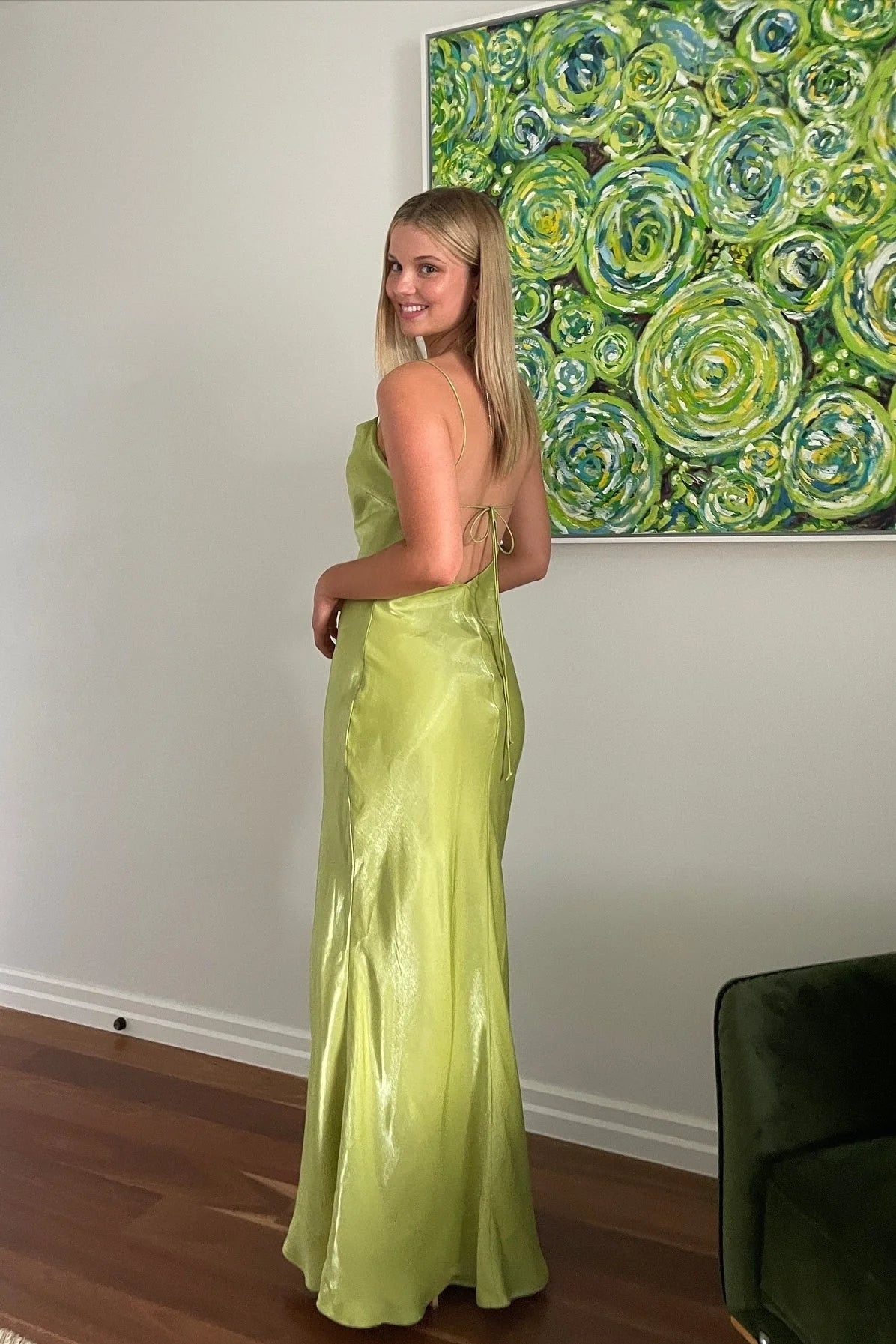 Elegant Sheath Spaghetti Strap Cowl Lime Floor-Length Prom Dress
