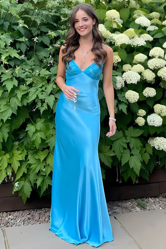 Elegant Sheath Spaghetti Strap Sequin Blue Floor-Length Prom Dress