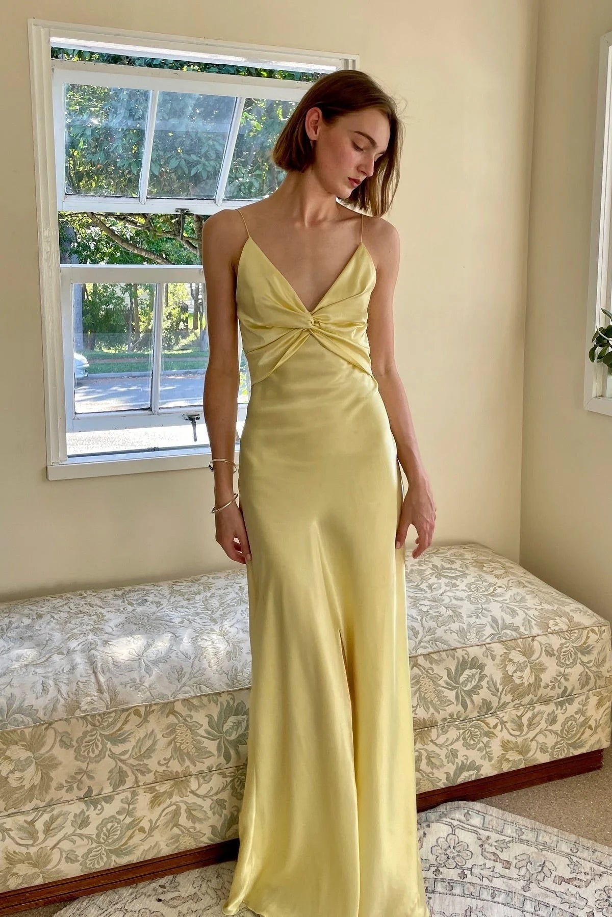 Elegant Sheath Spaghetti Strap Twist Yellow Floor-Length Prom Dress