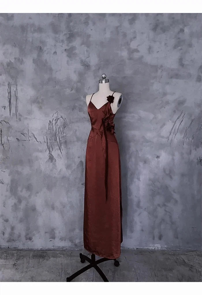 Elegant Sheath V-Neck Floral-Appliqué Rust Satin Long Party Dresses