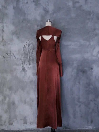 Elegant Sheath V-Neck Floral-Appliqué Rust Satin Long Party Dresses