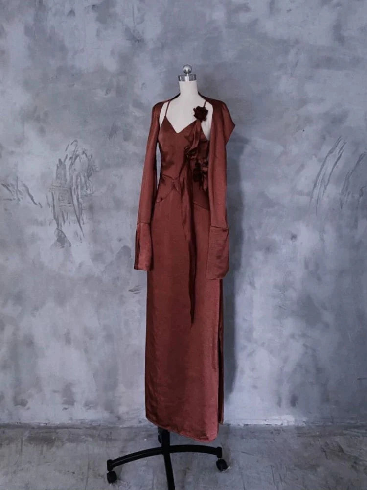 Elegant Sheath V-Neck Floral-Appliqué Rust Satin Long Party Dresses