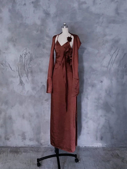 Elegant Sheath V-Neck Floral-Appliqué Rust Satin Long Party Dresses