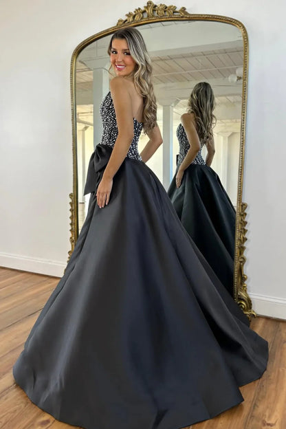 Elegant Strapless Beaded Black Floor-Length Evening Dress