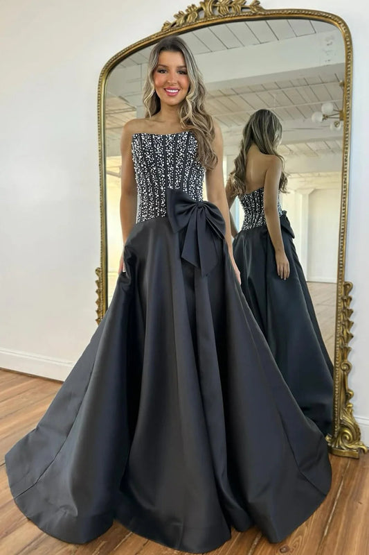 Elegant Strapless Beaded Black Floor-Length Evening Dress