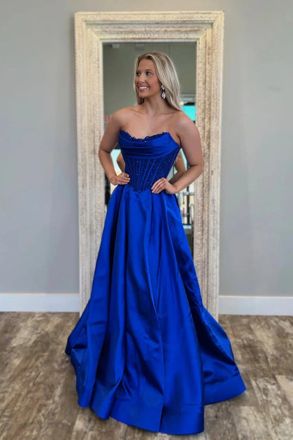 Elegant Strapless Sequin Royal Blue Floor-Length Prom Dress