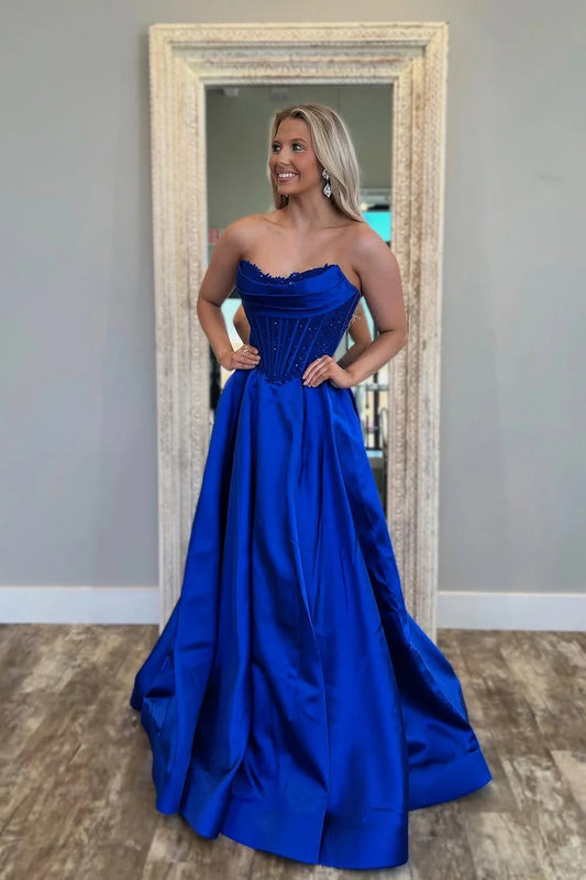 Elegant Strapless Sequin Royal Blue Floor-Length Prom Dress