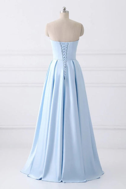 Elegant Strapless Sleeveless Beaded Sky Blue Floor-Length Prom Dress