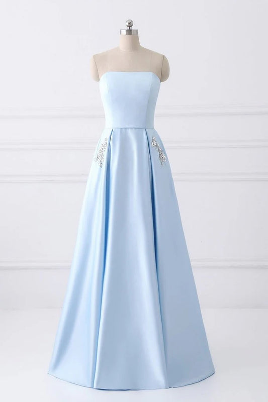 Elegant Strapless Sleeveless Beaded Sky Blue Floor-Length Prom Dress