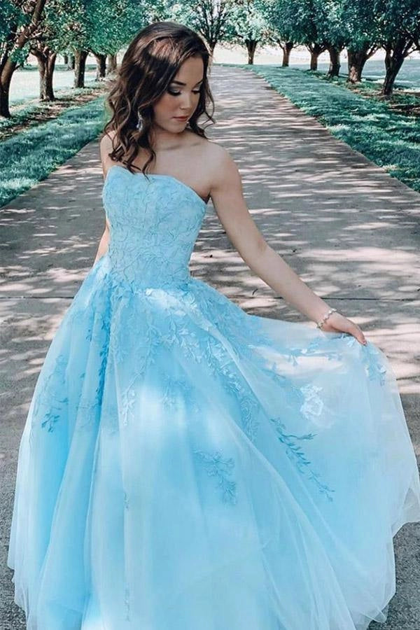 Elegant Strapless Sleeveless Lace Sky Blue Floor-Length Prom Dress