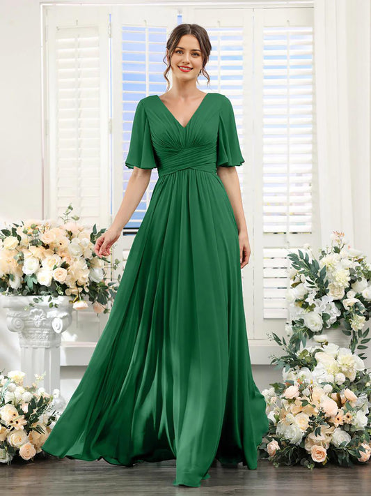 AerbaDress Bridesmaid Dress A-Line Formal Party Dresses V-Neck Sleeve for Wedding Guest with Slit