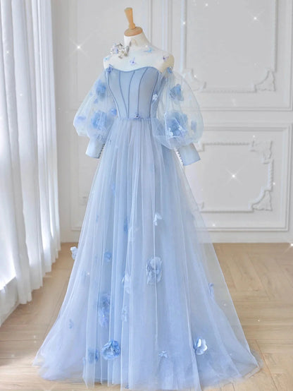 Enchanting A-Line Off-the-Shoulder Floral Sky Blue Floor-Length Party Dress