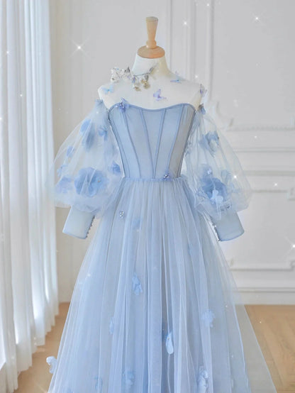 Enchanting A-Line Off-the-Shoulder Floral Sky Blue Floor-Length Party Dress