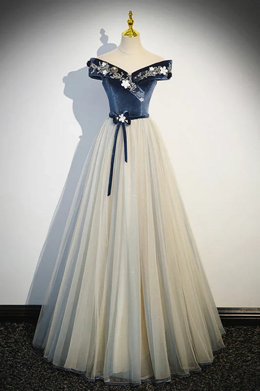 Enchanting A-line Embellished Navy BlueIvory Floor-length Prom Dress