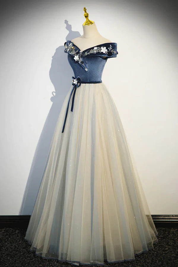 Enchanting A-line Embellished Navy BlueIvory Floor-length Prom Dress