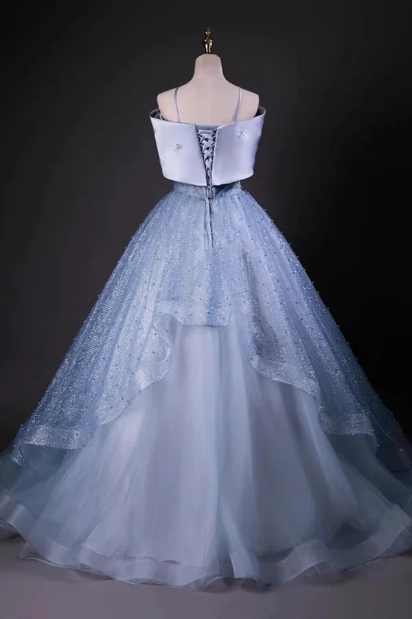 Enchanting Off-the-Shoulder Bow-Adorned Light Blue Glitter Tulle Prom Dresses