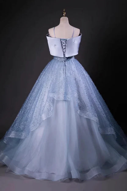 Enchanting Off-the-Shoulder Bow-Adorned Light Blue Glitter Tulle Prom Dresses