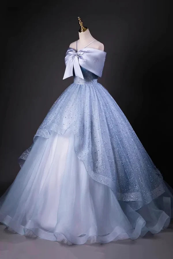 Enchanting Off-the-Shoulder Bow-Adorned Light Blue Glitter Tulle Prom Dresses