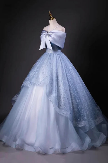 Enchanting Off-the-Shoulder Bow-Adorned Light Blue Glitter Tulle Prom Dresses