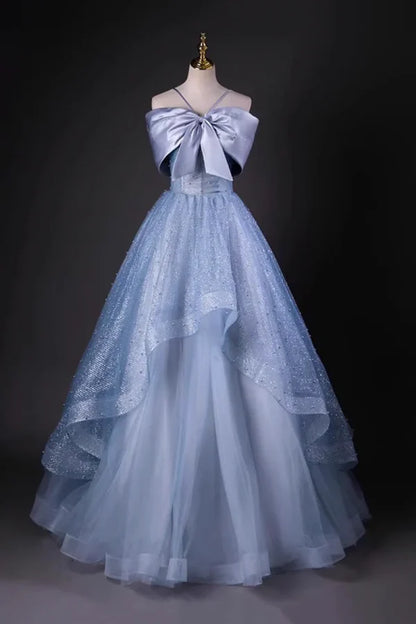 Enchanting Off-the-Shoulder Bow-Adorned Light Blue Glitter Tulle Prom Dresses
