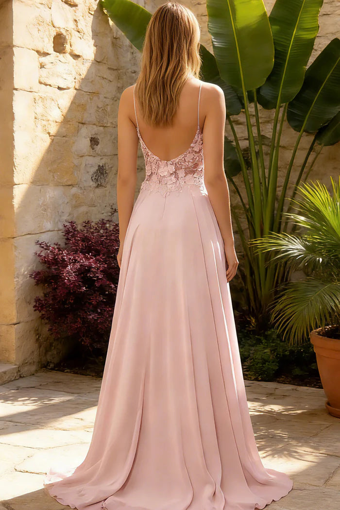Ethereal A-Line V-Neck Spaghetti-Strap Lace-Back Floor-Length Prom Dresses
