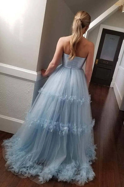 Ethereal Strapless Sleeveless Ruffled Light Blue Floor-Length Prom Dress