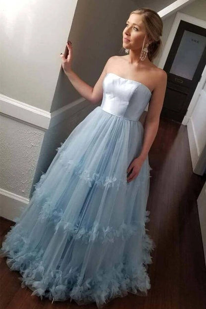 Ethereal Strapless Sleeveless Ruffled Light Blue Floor-Length Prom Dress