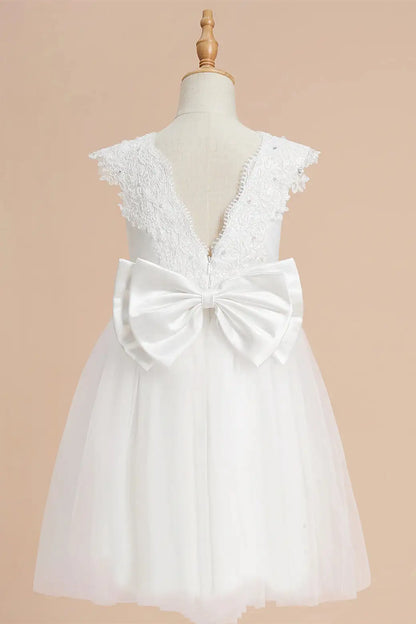 Wedding Flower Girl Dress Elegant A-Line Round Neck Sleeveless V-Back Bow With Appliques Cute Girl Communion Formal Dress Princess Dress