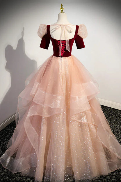 Fairytale Sweetheart Puff-sleeve Burgundy Floor-length Prom Dress