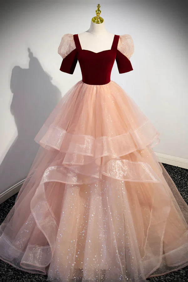 Fairytale Sweetheart Puff-sleeve Burgundy Floor-length Prom Dress